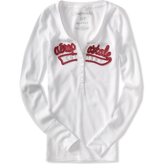 Aeropostale Camiseta Henley Térmica de Manga Larga para Mujer, Blanco, X-Large