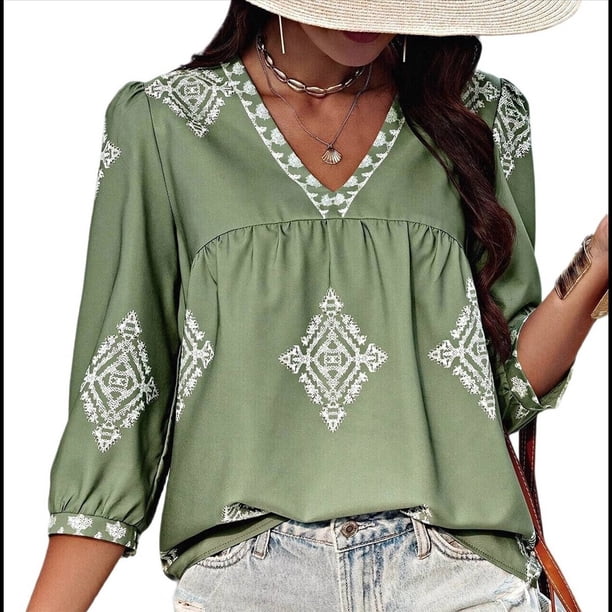 Blusas Casuales de con Cuello en V y Estampado Floral para Mujer, Blusas Bohemias de Verano con Mangas 3/4. Verde XXL