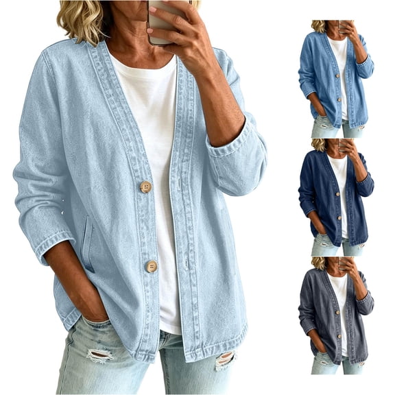 Luvior Womens Classic Button Front Breathable Stretch Denim Jacket Relaxed Fit Lightweight Casual Long Sleeve Cardigan Coat