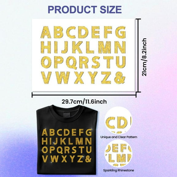 Gold Rhinestone Iron on Transfer Gold Letters Bling Diamond Hotfix Patches for Clothes 11.6"x8.2" Large Iron On Sequin Applique for Jeans Jacket Caps Bag T-Shirts Shoes DIY Decor