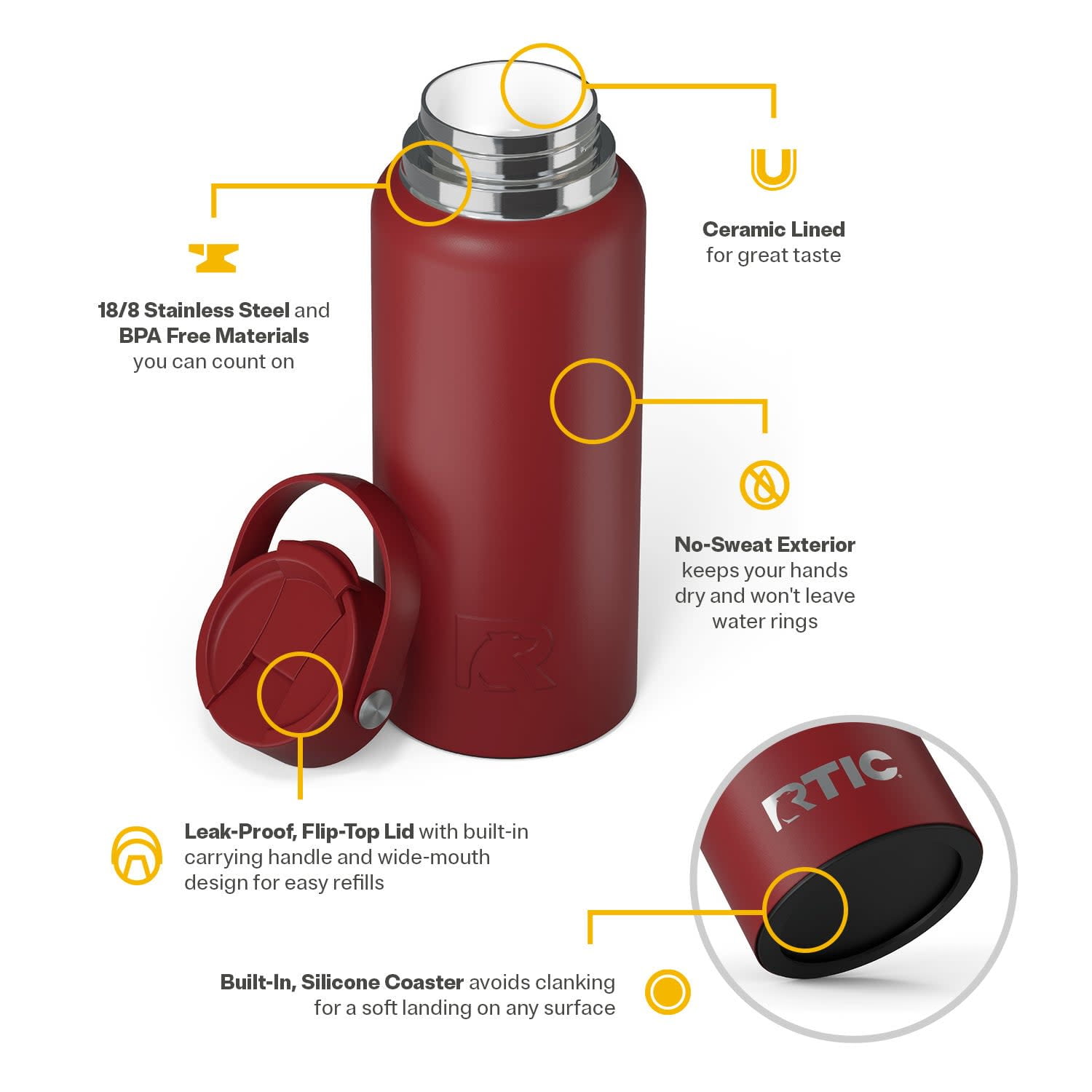 RTIC 32 oz Ceramic Lined Insulated Outback Water Bottle, Leak Resistant, Black Cherry