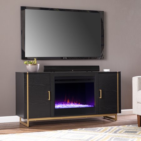 SEI Biezy Contemporary style Color Changing Fireplace Console W/ Media Storage in Black and gold finish