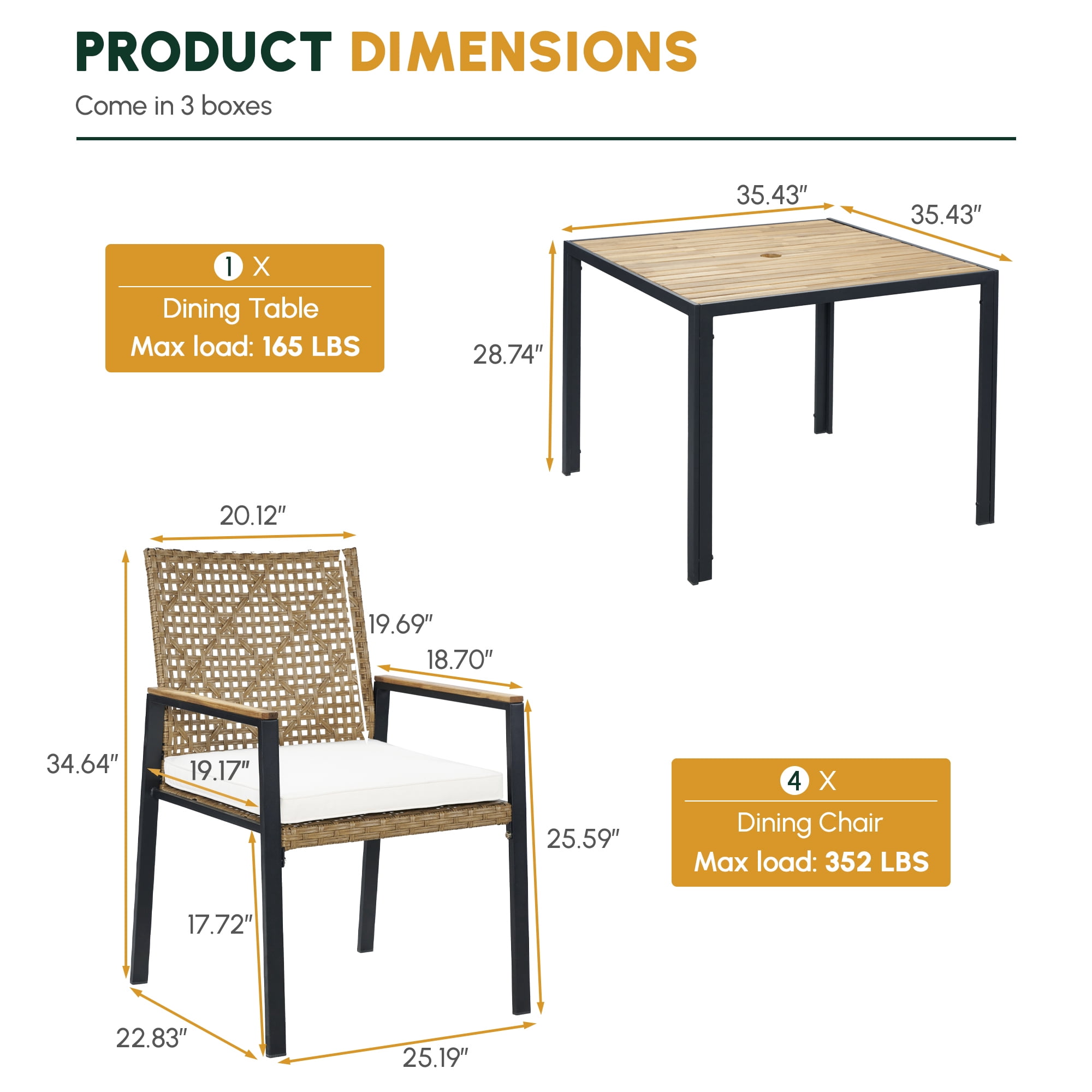 Leumius 5 Piece Patio Dining Set,All Weather Outdoor Dining Table Set with 4 Cushion Chairs,Patio Conversation Set with Acacia Wood Table Top and Umbrella Hole,Yellow