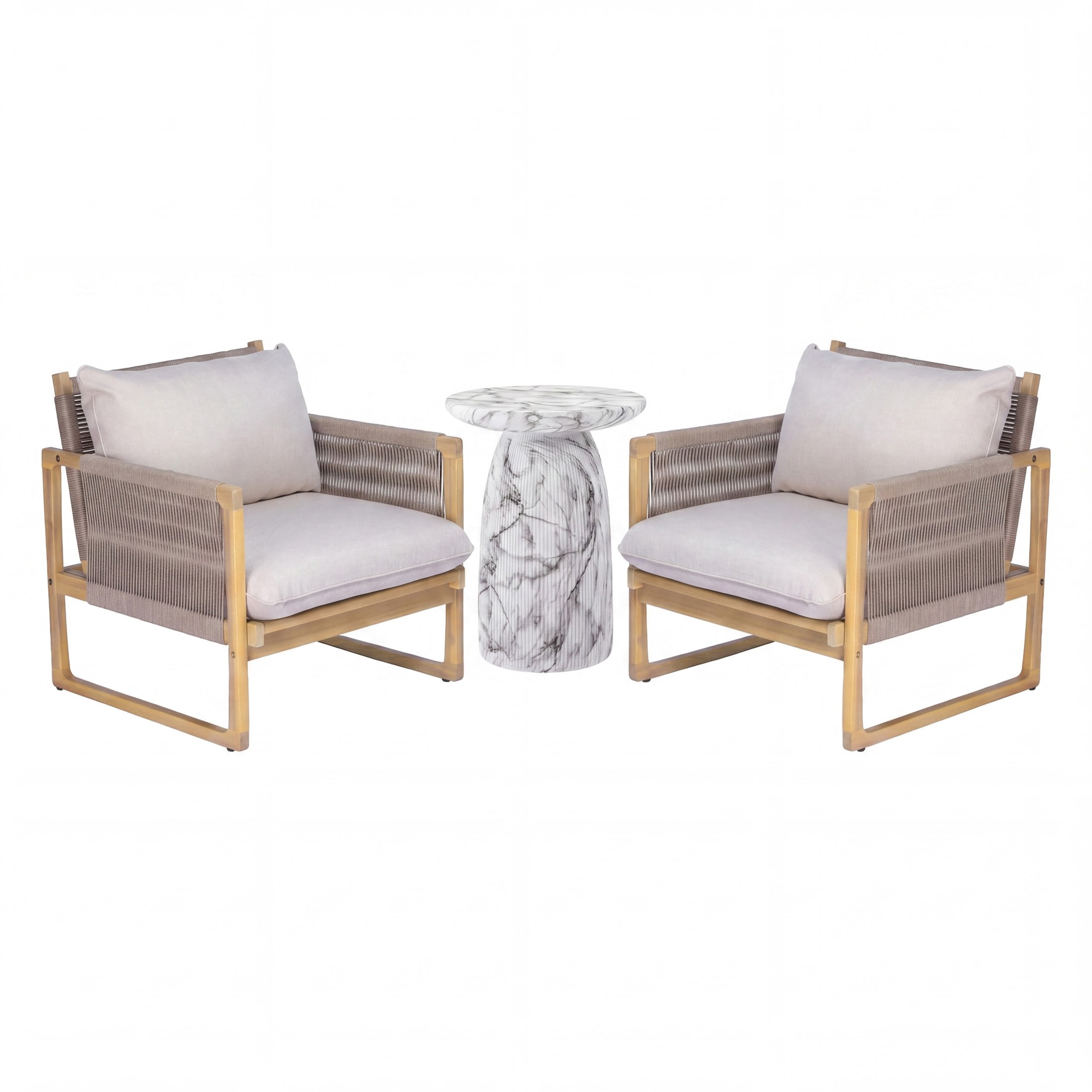 Christopher Knight Home 3-Piece Acacia Wood Patio Chat Set with Marble Side Table, Light Teak+Beige