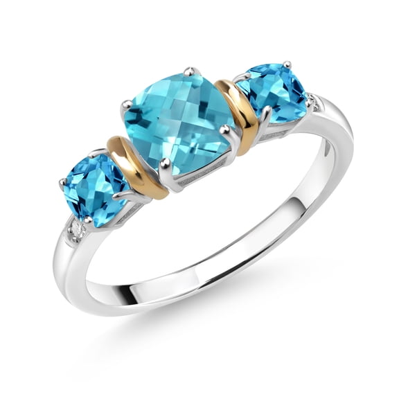 Gem Stone King 1.87 Ct Cushion Checkerboard Swiss Blue Topaz 925 Silver and 10K Yellow Gold Diamond 3-Stone Ring (Size 6)