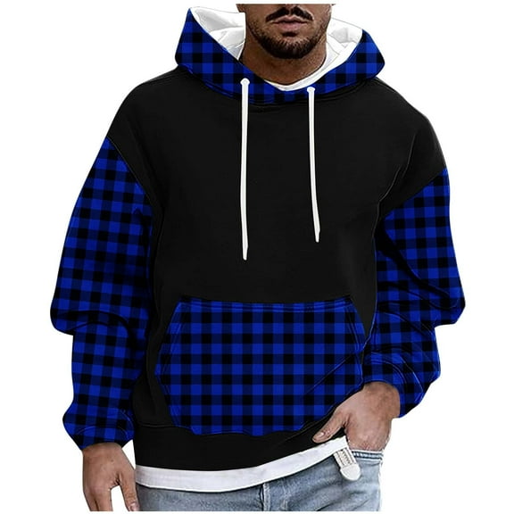 KeShDi Flannel Shirt for Men Fashion Print Leisure Draw Rope Hooded Sweatshirt Hooded Hoodie Blue L
