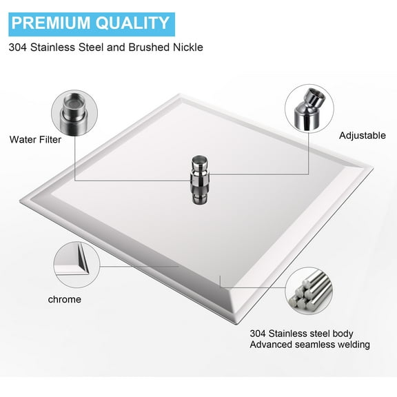 CoSoTower 16 Inch Chrome Rain Shower Head, Square Ultra Thin 304 Stainless Steel High Pressure Shower Head