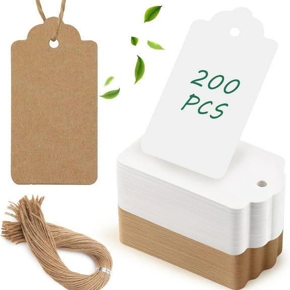 200pcs Gift Tags with String Attached, 2x4 inch Kraft Paper Hang Tags for Clothes DIY Crafts Wedding Holiday (Brown White)