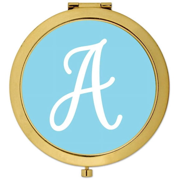 Koyal Wholesale Gold Compact Mirror Bridesmaid's Wedding Gift, Baby Blue, Monogram Letter A, 1-Pack