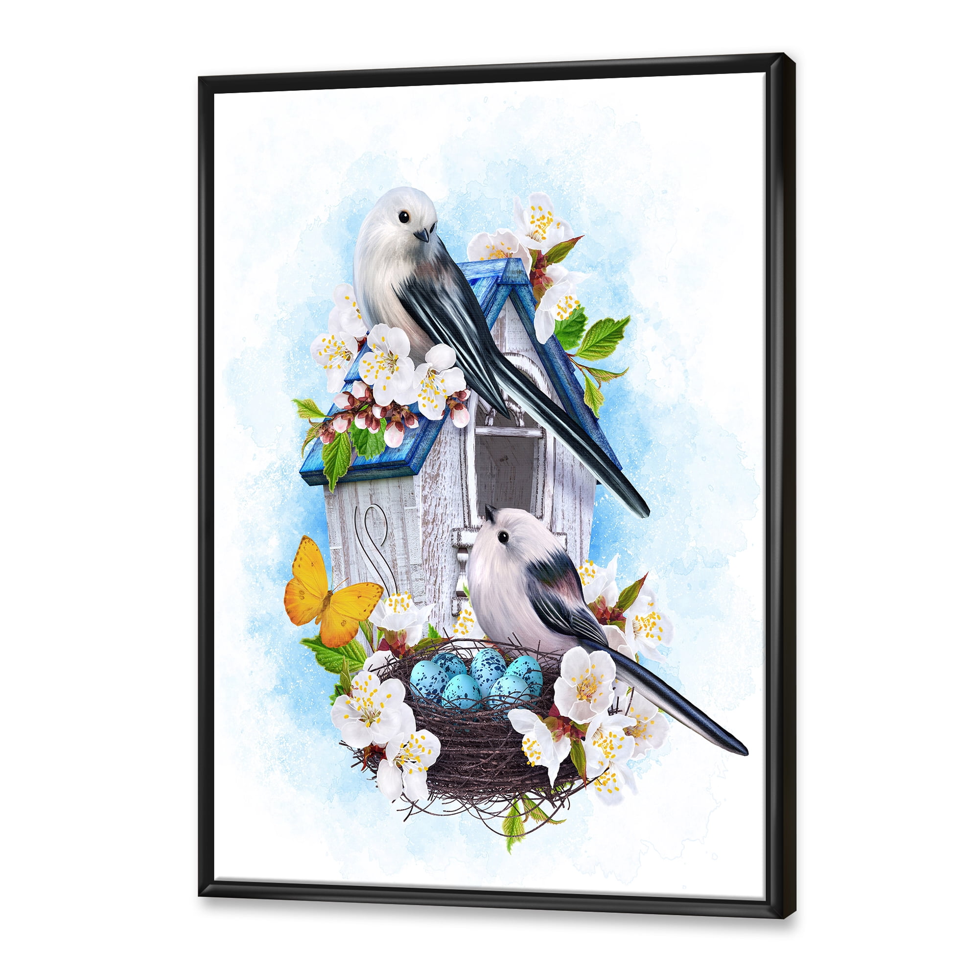 Designart 'Two Tit Birds Sitting Near The Nest With Eggs and White Flowers II' Traditional Framed Canvas Wall Art Print