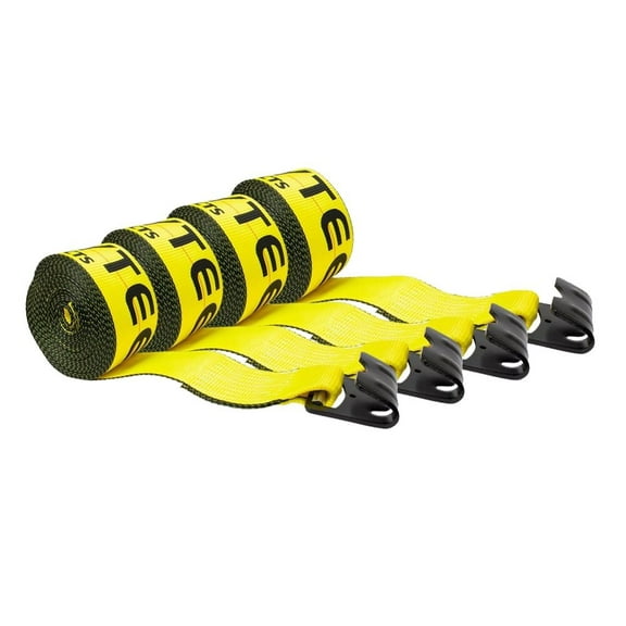 (4 Pack) Winch Straps 4" x 65' Yellow Heavy Duty Tie Down w/Flat Hooks WLL# 5400 lbs | 4 Inch Cargo Control for Flatbed Truck Utility Trailer