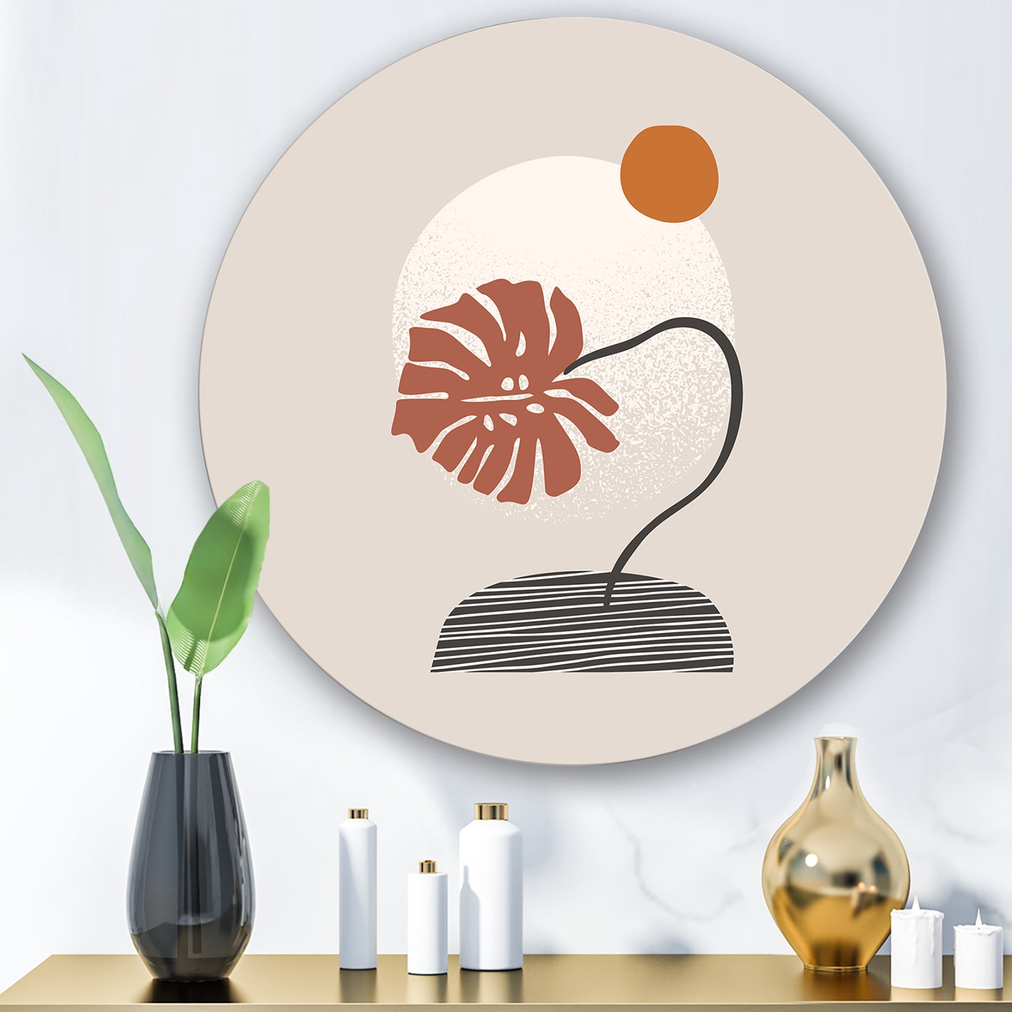 Designart 'Abstract Geometry Shapes and Tropical Palm Leaf III' Modern Circle Metal Wall Art 23x23 - Disc of 23