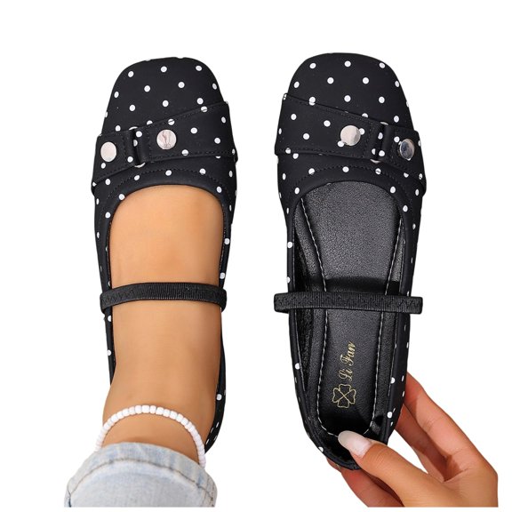 Polka Dot Flats for Women Square Toe Ballet Mary Janes Comfortable Casual Dressy Summer Ballerina Shoes Dress Work Black 5