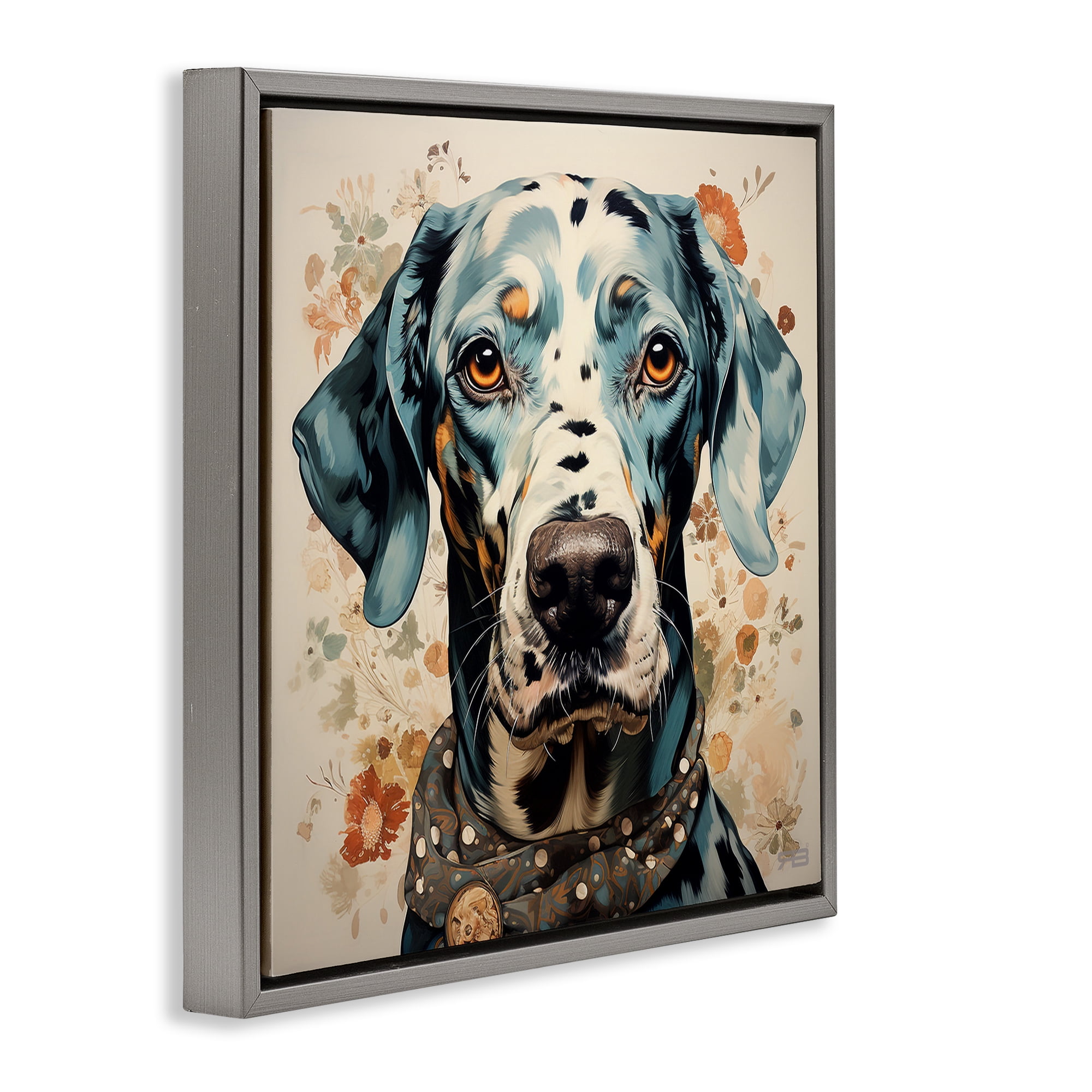 Stupell Industries Dog Portrait with Paint Splatter Animals & Insects Painting Gray Floater Framed Canvas Art Print Wall Art, 25 x 25