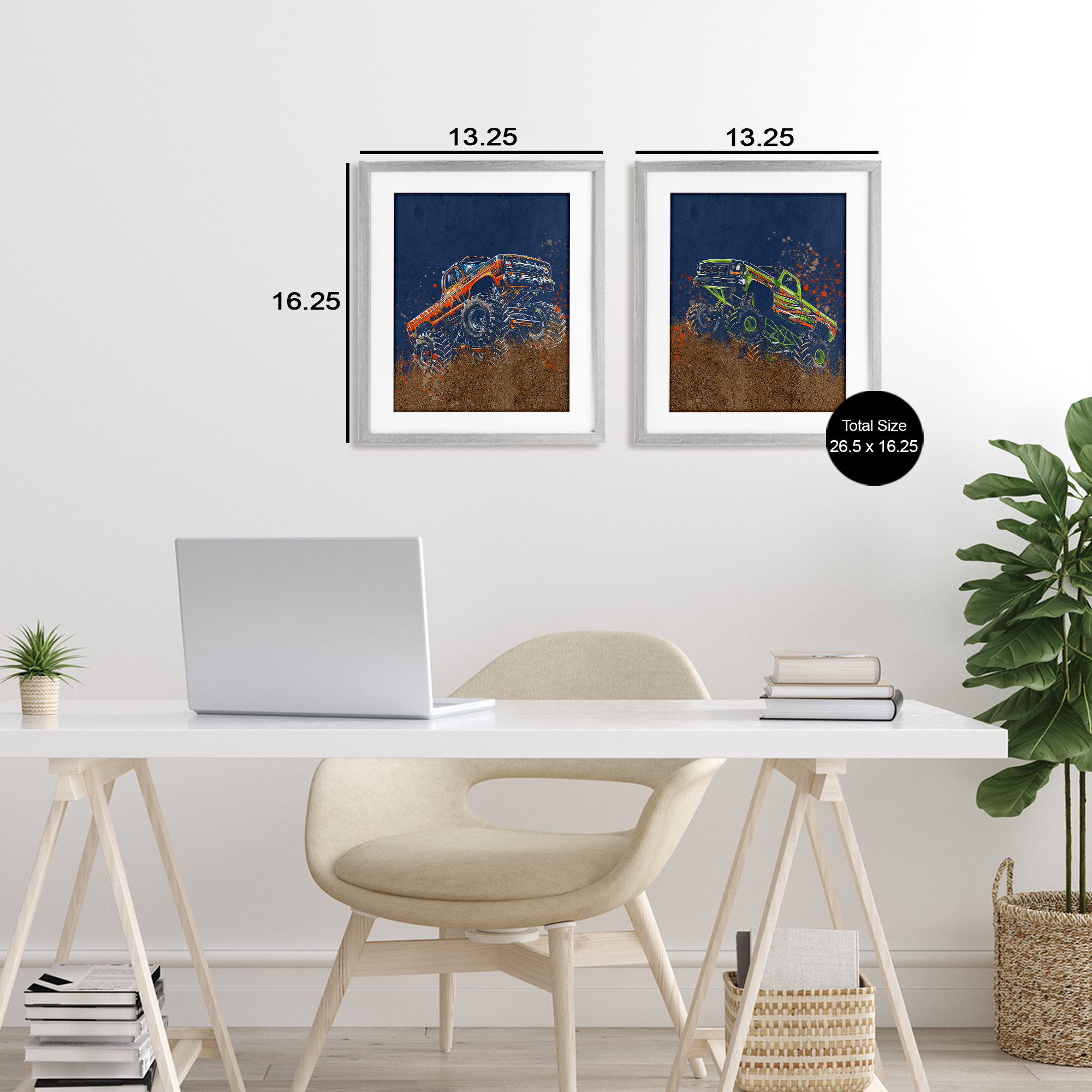 Monster Truck Jam 2 Piece Gray Framed Print Under Glass Set, design by Kim Allen