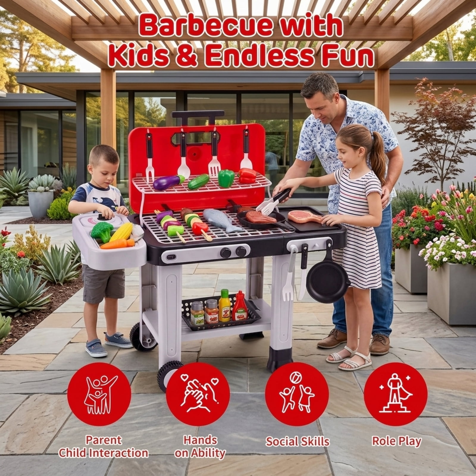 Fenbeli Kids BBQ Grill Toy with Spray Mist, Lights, Sounds and Color-Changing Play Food, Rolling Pretend Kitchen Set