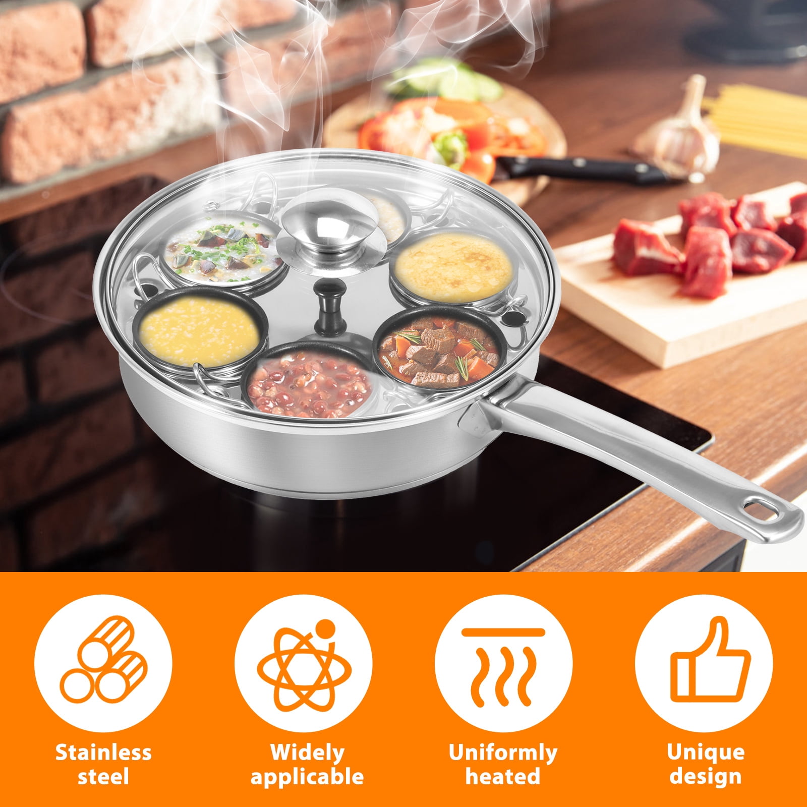 Stainless Steel Egg Poacher Pan Uniform Heating Poached Egg Cooker Thermal Insulation Poached Maker Pan with 6 Small Cup for Home