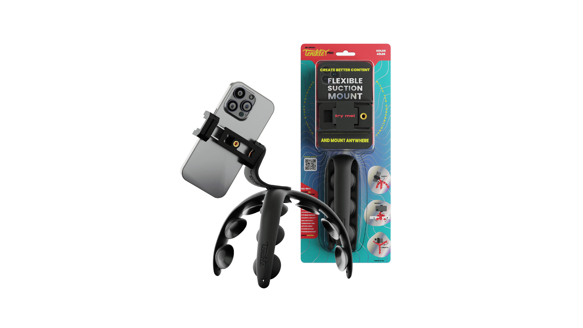 Tenikle Pro Bendable Suction Cup Tabletop Tripod for Smartphones, Insta360, Action Camera Black