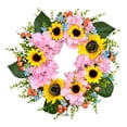 thumbnail image 2 of Corona decorativa de primavera y verano con hortensias, girasoles y margaritas para el hogar y la entrada del jardín. Perfecta para el salón y la decoración exterior, 2 of 8