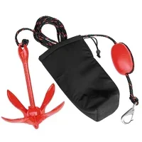 ISURE MARINE 1.5KG 3Lbs Red Carbon Steel Folding Anchor Kit Portable Grapnel Buoy Kit for Canoe Fishing Boat Dinghy Raft