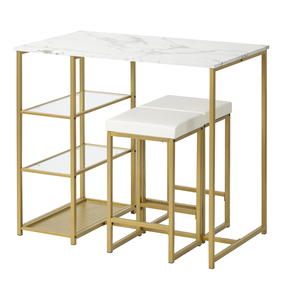 Lowestbest 3 Piece Modern Pub Set with Faux Marble Countertop and Bar Stools, White&Gold Lowestbest 3 Piece Modern Pub Set with Faux Marble Countertop and Bar Stools, White&Gold