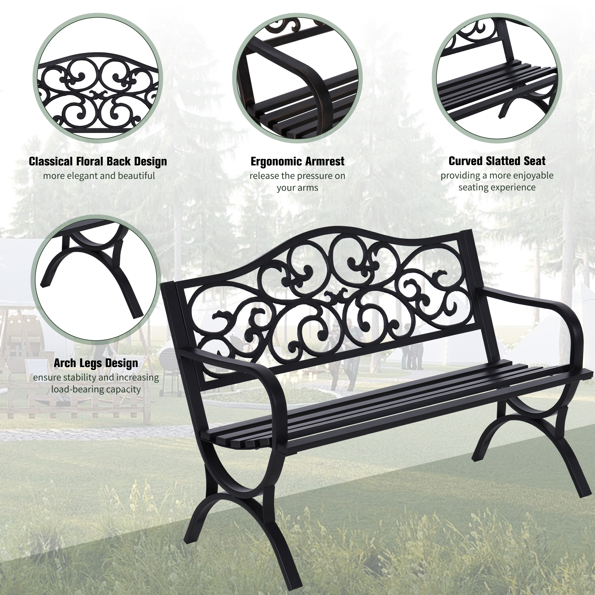 Summit Living 50" Outdoor Garden Bench Chairs, Cast Iron Metal Frame Patio Park Bench, Black