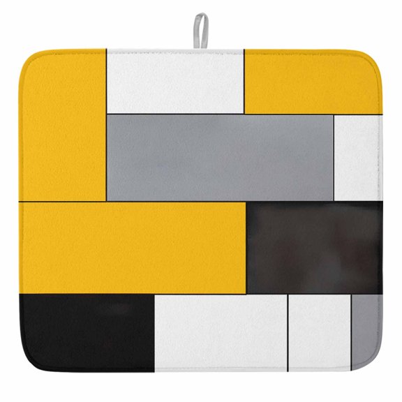 Abstract Geometric Block Pattern Dish Drying Mat, Yellow White Gray Absorbent Dish Drying Matt Pad for Kitchen Countertops,Sinks,Dish Drainer Racks, Small 16x18inx1PC,,