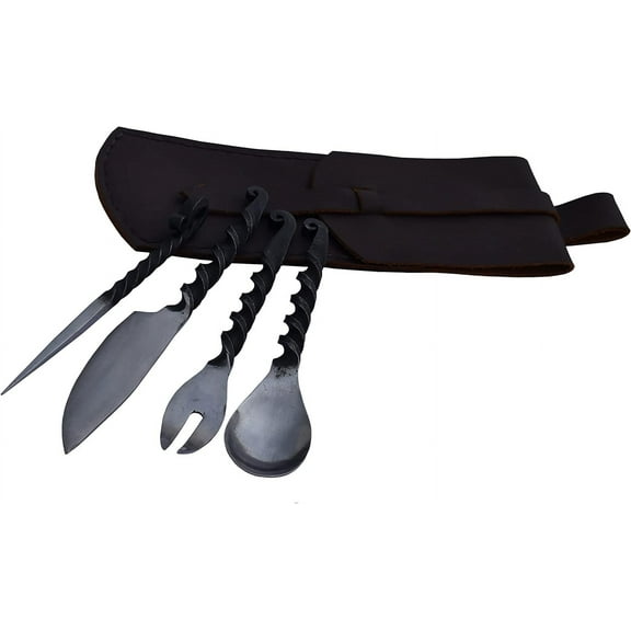 Viking Traders Hand Forged Twisted Medieval Eating Utensil Set | Functional Fork Knife Spoon And Food Stick | Medieval Eating Set, With Genuine Leather Carrying Pouch - Set 4