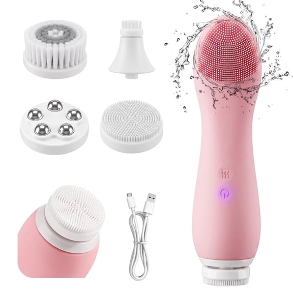 Facial Cleansing Brush, Electric Silicone Face Scrubber with 4 Brush Heads, Waterproof Sonic Face Brush for Deep Cleansing, Exfoliating, Facial Massaging, 360° Rotating Face Cleanser, Pink