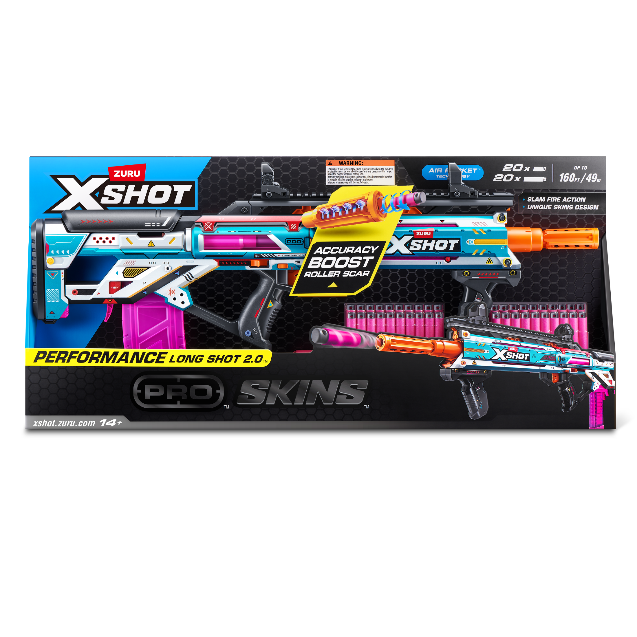 XSHOT SKINS Pro Series Longshot 2.0 Foam Dart Blaster by ZURU with 40 Air Pocket Technology Darts, Manual Action Plastic Blaster for Outdoor Play, Kids, Teens and Adults Ages 14+