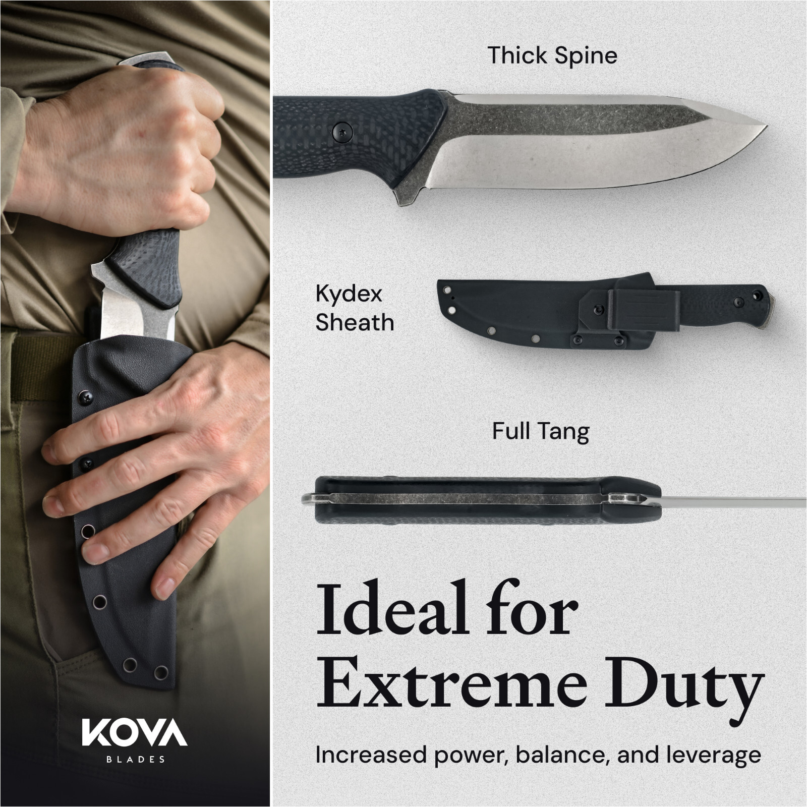 Kova Titan Ridge Elite Fixed Blade Knife – 6.5″ Stonewashed Stainless Steel Blade, G10 Handle, Kydex Sheath – Tactical & Heavy-Duty Outdoor Knife – 12″ Overall