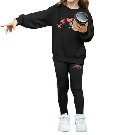 WDDDD Girls City Letter Print Crew Neck Hoodie Leggings Set Black 3-4 Years