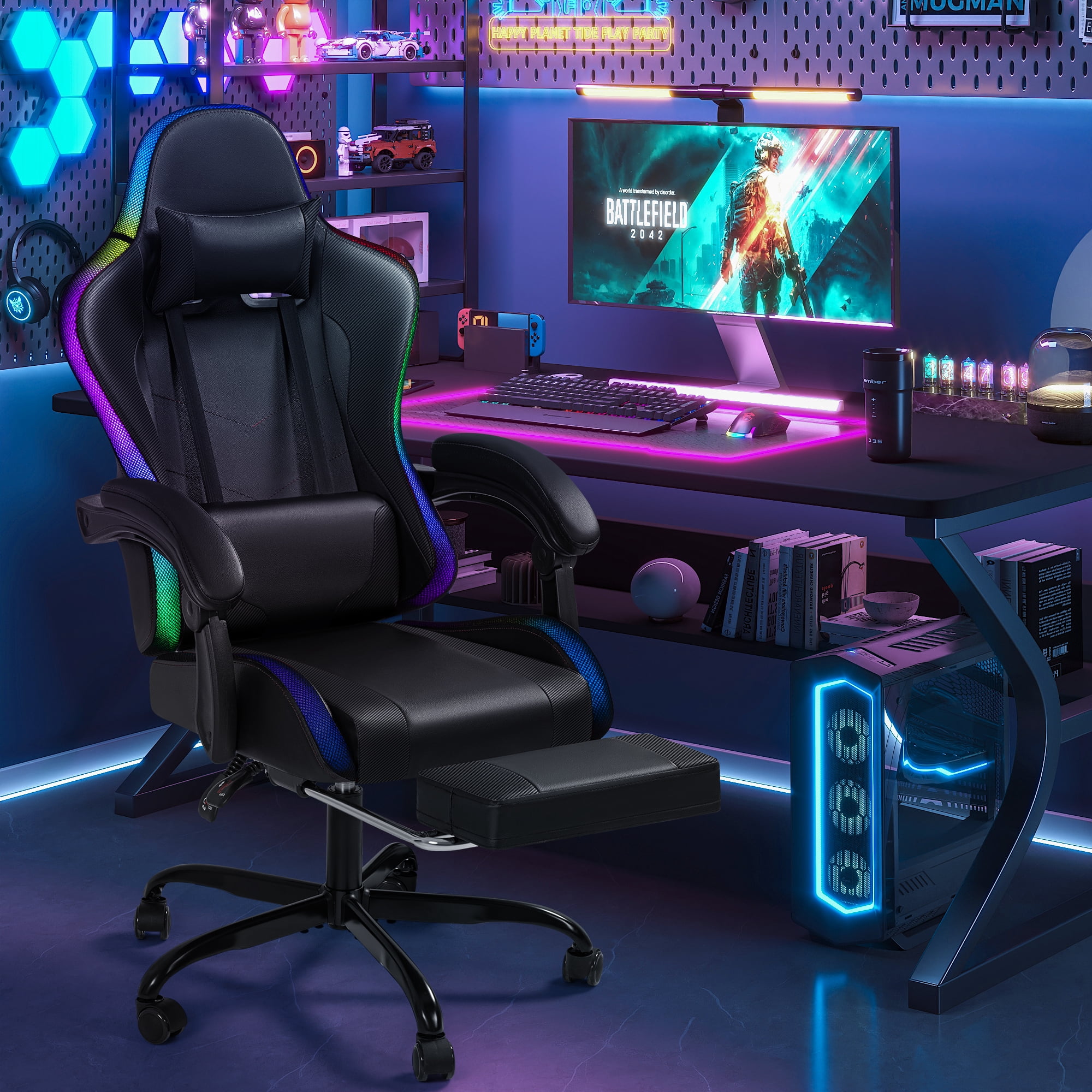 Homall RGB Gaming Chair with APP & Remote Control, LED Lights Ergonomic Computer Chair with Footrest & Massage Lumbar Support, Black