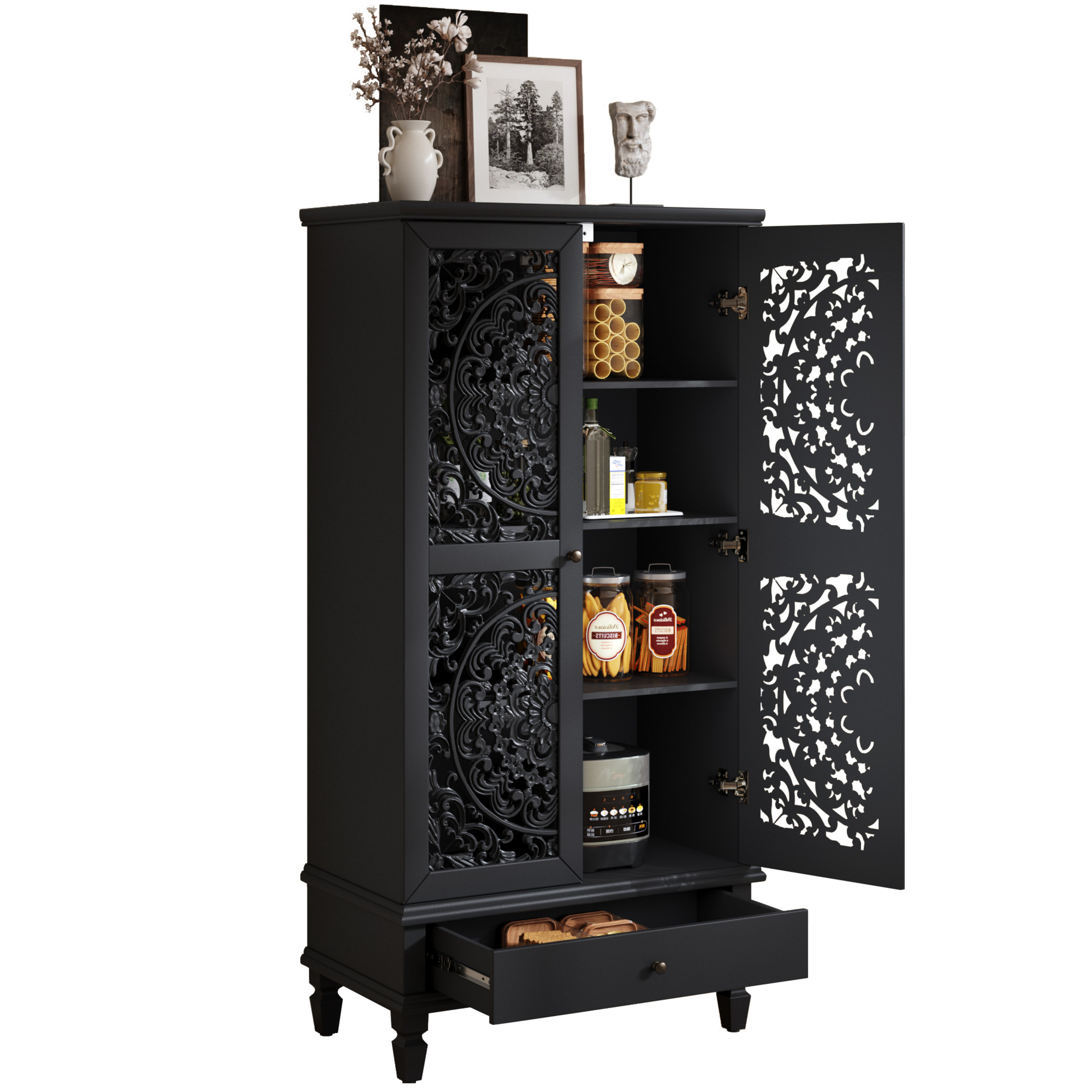 Noble house Rustic Tall Storage Cabinet with Drawer, Carved 2-Door Cabinet with Solid Wood Legs,Black