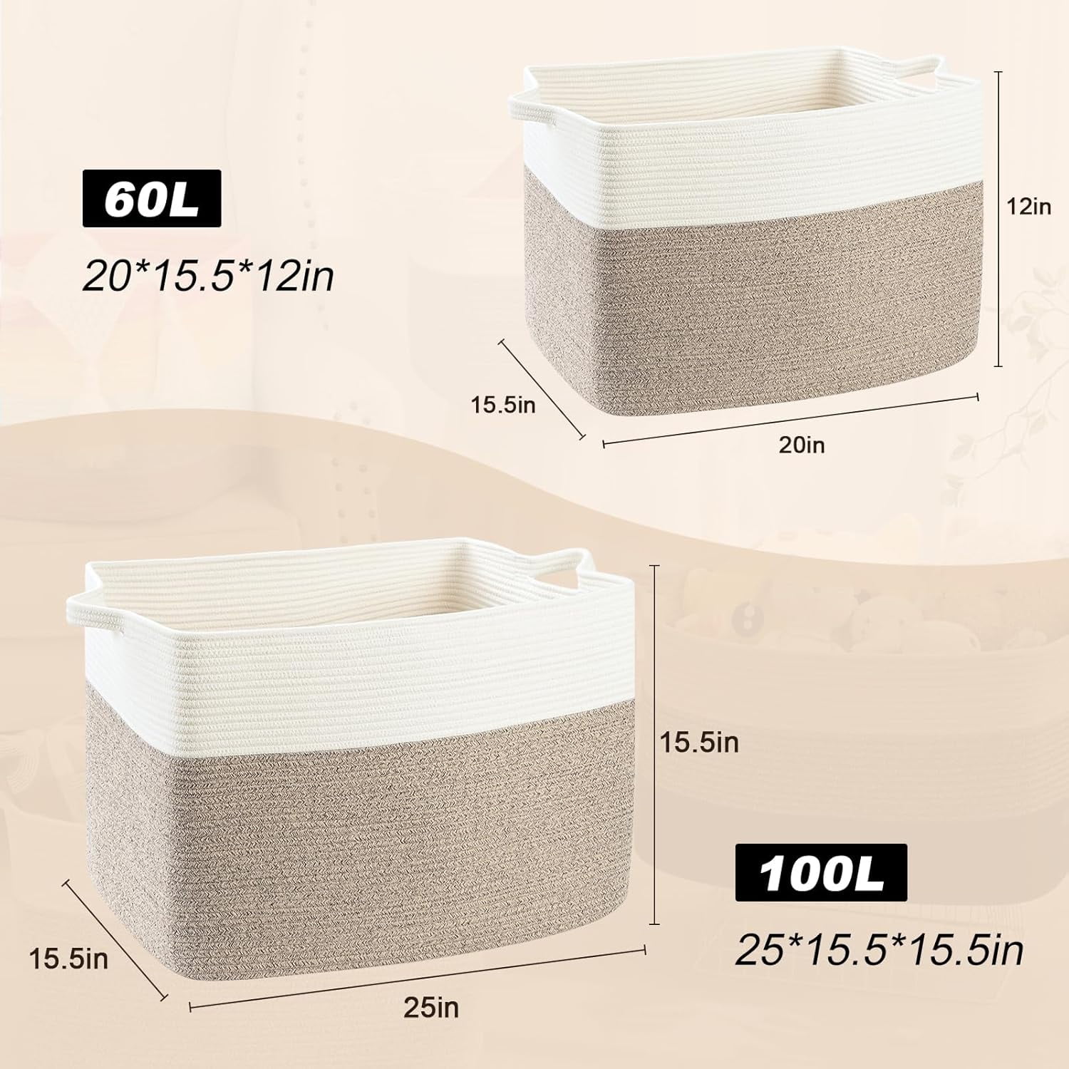 Natubeau Woven Storage Baskets, 60L Large Rectangle Woven Laundry Hampers with Handle, Cotton Rope Blanket Basket for Living Room, Nursery Room, White & Brown