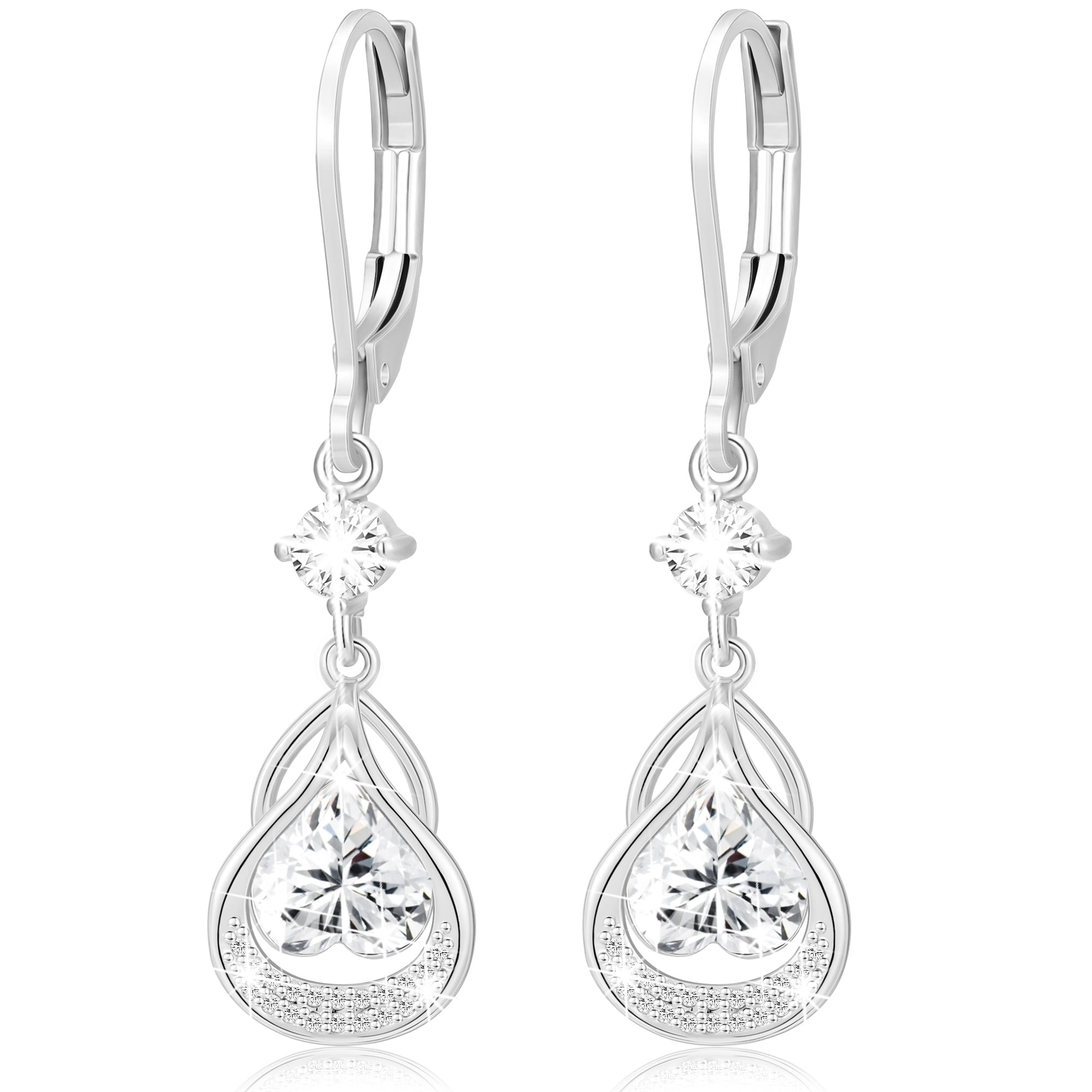 APSVO 18K White Gold Plated Love Heart Drop Earrings for Women Girls S925 Sterling Silver Post April Birthstone Earrings with CZ Birthday Graduation Jewelry Gifts Teen Her Mom Adults Kids Ideas