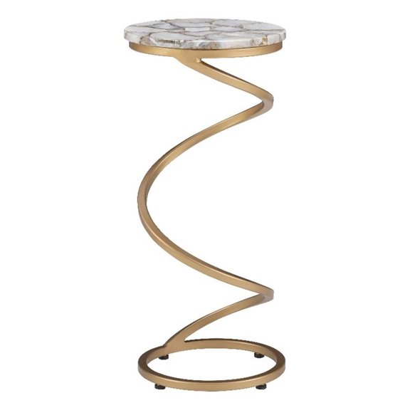 Linon Atlee Gray Agate 10.5" Round Drink Table with Iron Spiral Base in Gold