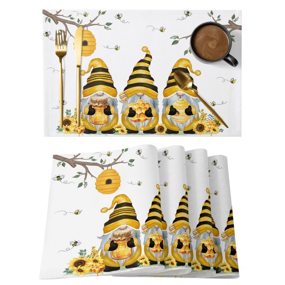 Bees Dwarfs Placemats Set of 12 Yellow Sunflower Branch Spring Floral Plant Heat Insulation Washable Place Mats, Non-Slip Table Mats for Dining Table Party Kitchen Decor, 13x19 Inch