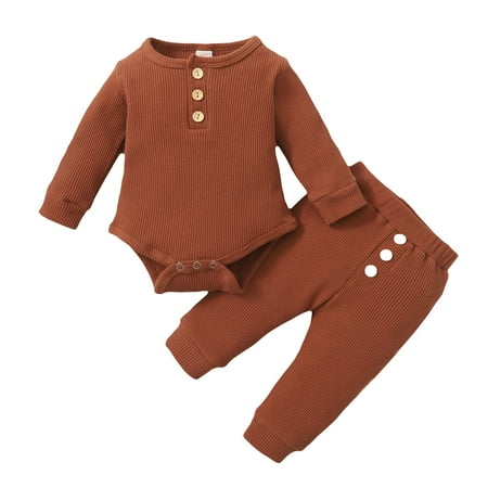 

Frobukio 2PCS Newborn Baby Boys Girls Clothes Set Infant Jumpsuit Romper + Pants Autumn Spring Outfits Brown 12-18 Months