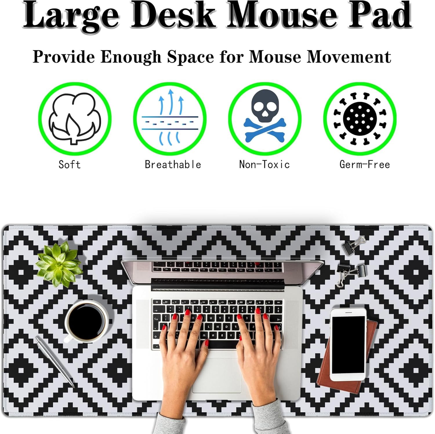 Large Mouse Pad Black and White XXL Mousepad Gaming Mouse Pads Computer Desk Mats Extra Large Desk Pad Non-Slip Rubber Base 35.4" X 15.7" for Game Office, Classic Rhombus Pattern