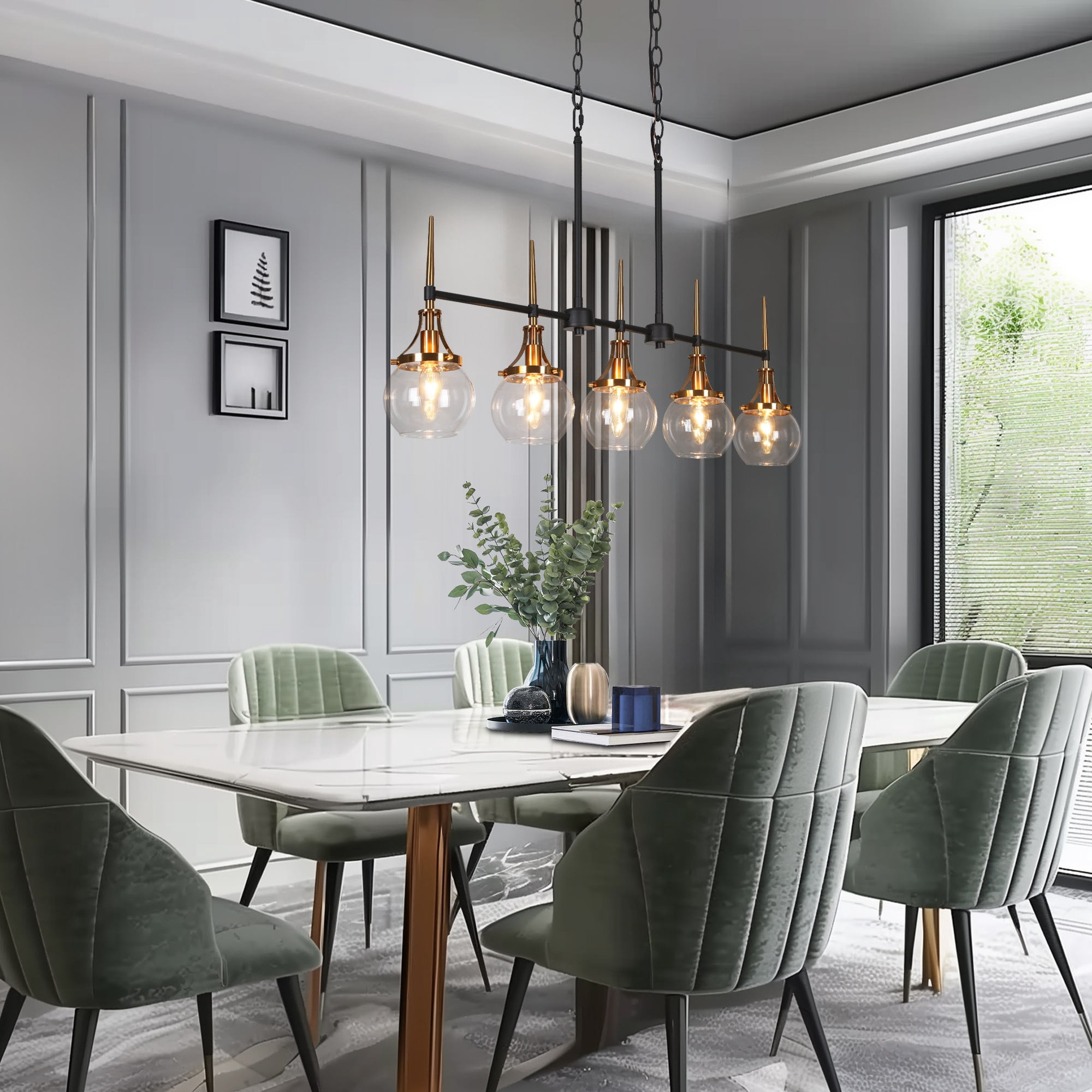 LNC Modern 5-Light Linear Chandelier with Clear Globe Glass Shades, Black and Brass Finish