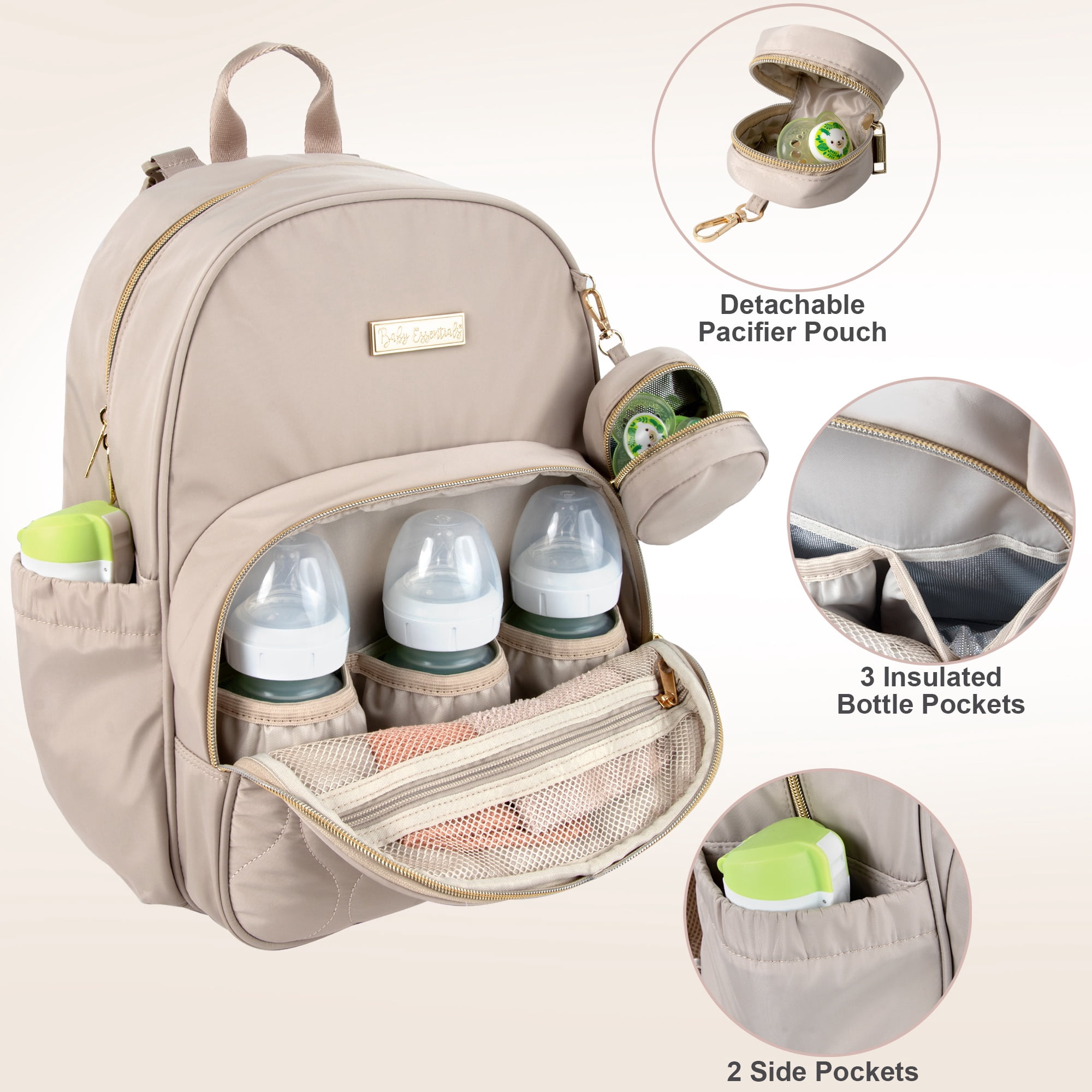 Baby Essentials 3 in 1 Diaper Bag Backpack, Changing Pad & Pacifier Pouch for Newborns, Infants, Toddlers - Quilted, Smooth, Sheek, Padded in Design
