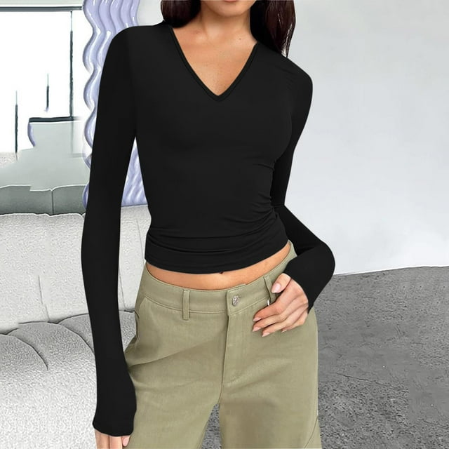 Qertyioot Mode Femmes Couleur Col Manches Longues T-Shirt Tricoté Blouse Ajustée Hauts