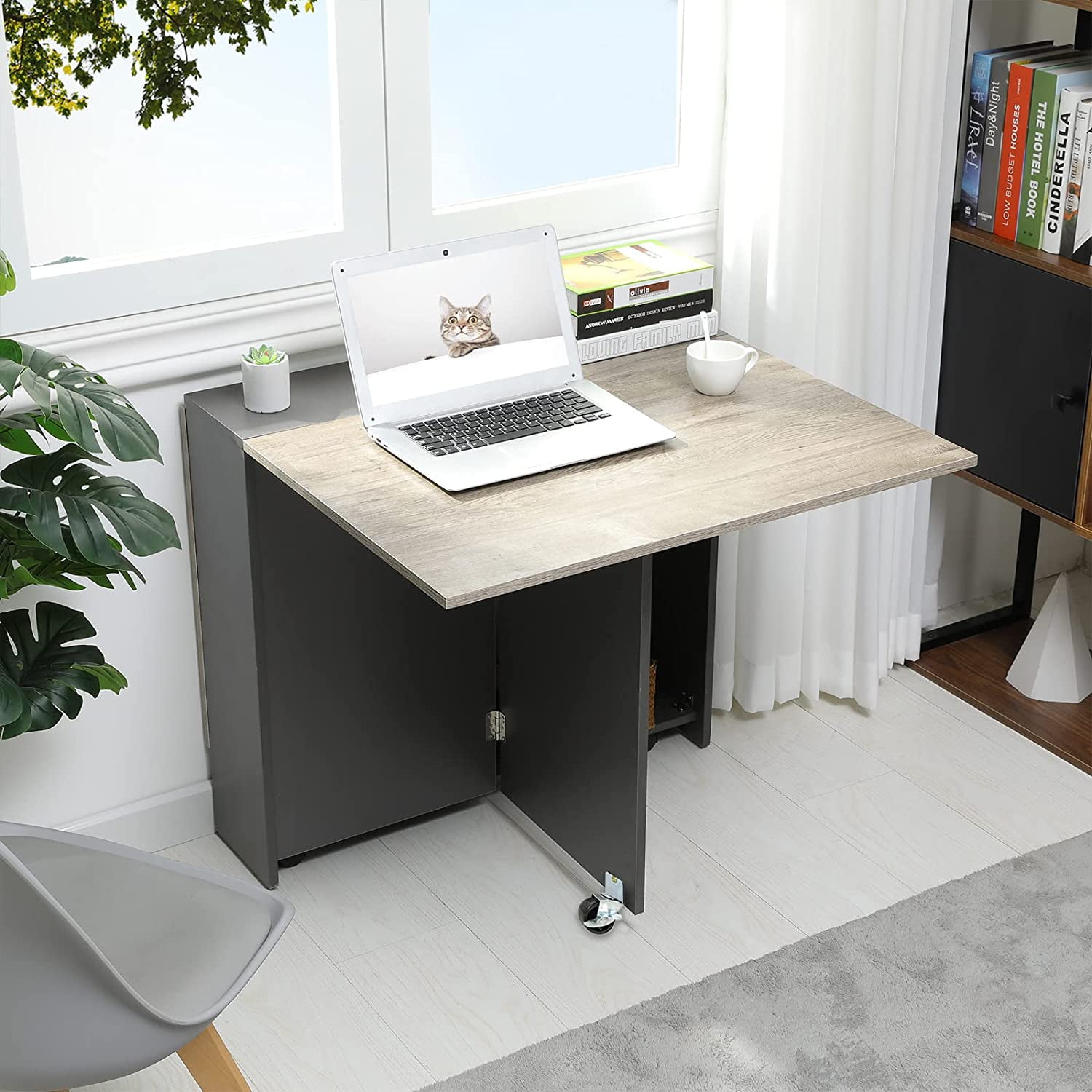 Folding Dining Table with Storage Racks and 6 Wheels, Drop Leaf Table,Multifunction Expandable Table for Kitchen Bedroom Living Room,Gray