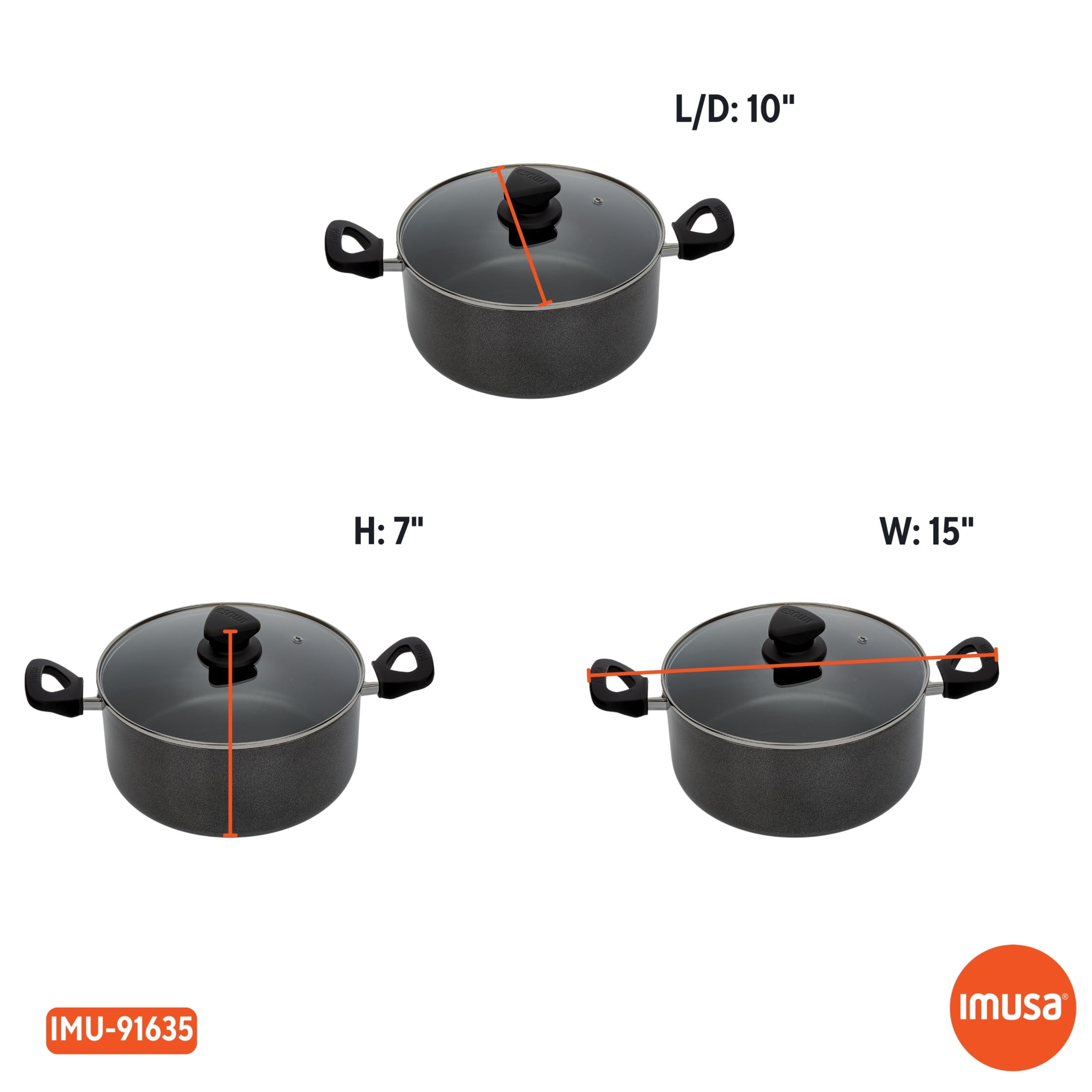 IMUSA 4.8qt Charcoal Aluminum Nonstick Stock Pot with Glass Lid & Soft touch Handles, Black