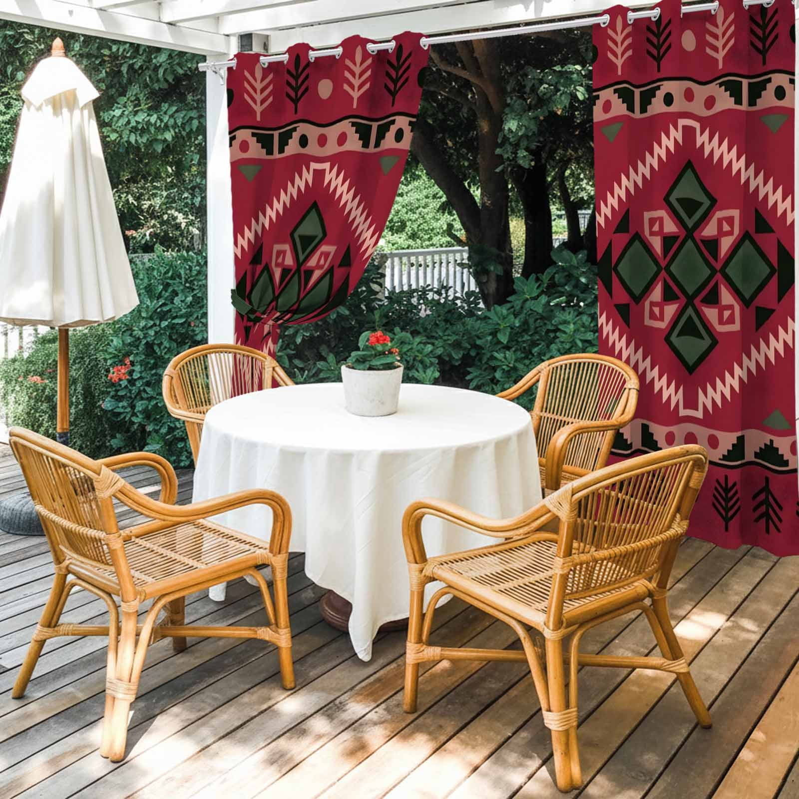 Pink Diamond Center Outdoor Curtains for Patio, Ethnic Boho Woven Texture Pine Tree Border Sunshade Privacy Drapes Grommet Waterproof Outside Curtains for Porch/Cabana/Balcony 54"x 108", 1 Panel
