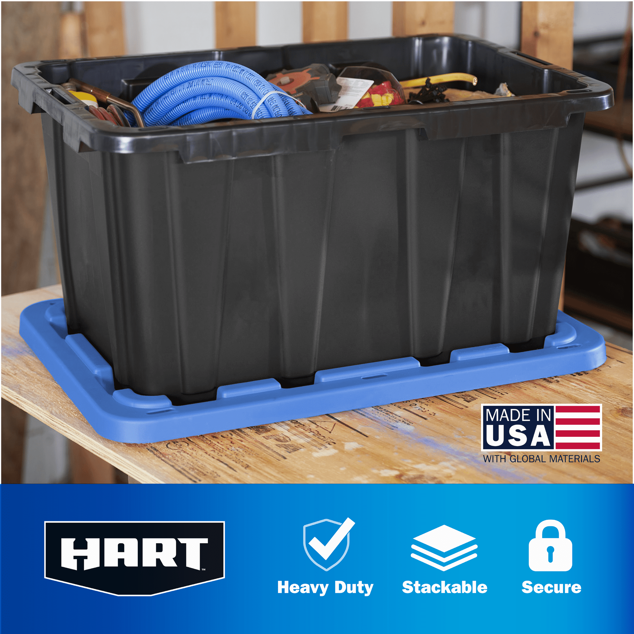 Hart 27 Gallon Heavy Duty Plastic Storage Tote, Black with Blue Lid, Set of  4 