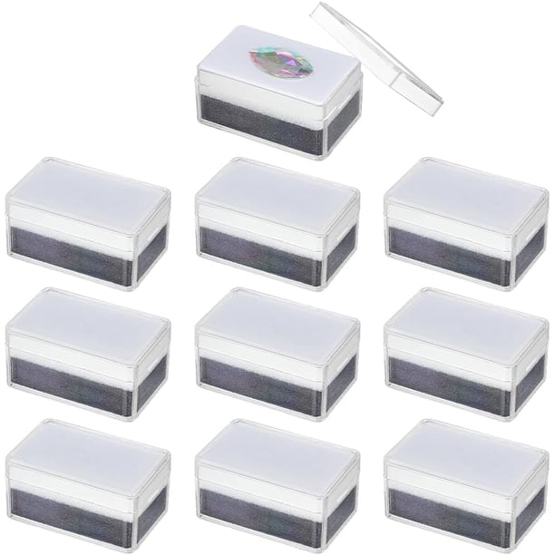 10 cajas de plástico para guardar piedras preciosas, 5,7 x 3,7 x 2,5 cm, rectangulares, transparentes, con 2 capas de esponja blanca y negra.