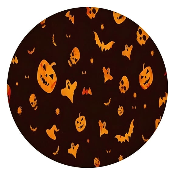 Halloween Spooky Icons on Dark Pattern Round Fitted Tablecloth with Elastic Edge,Dining Table Cover Waterproof,Outdoor Round Tablecloth for Camping,Dining,Indoor and Outdoor