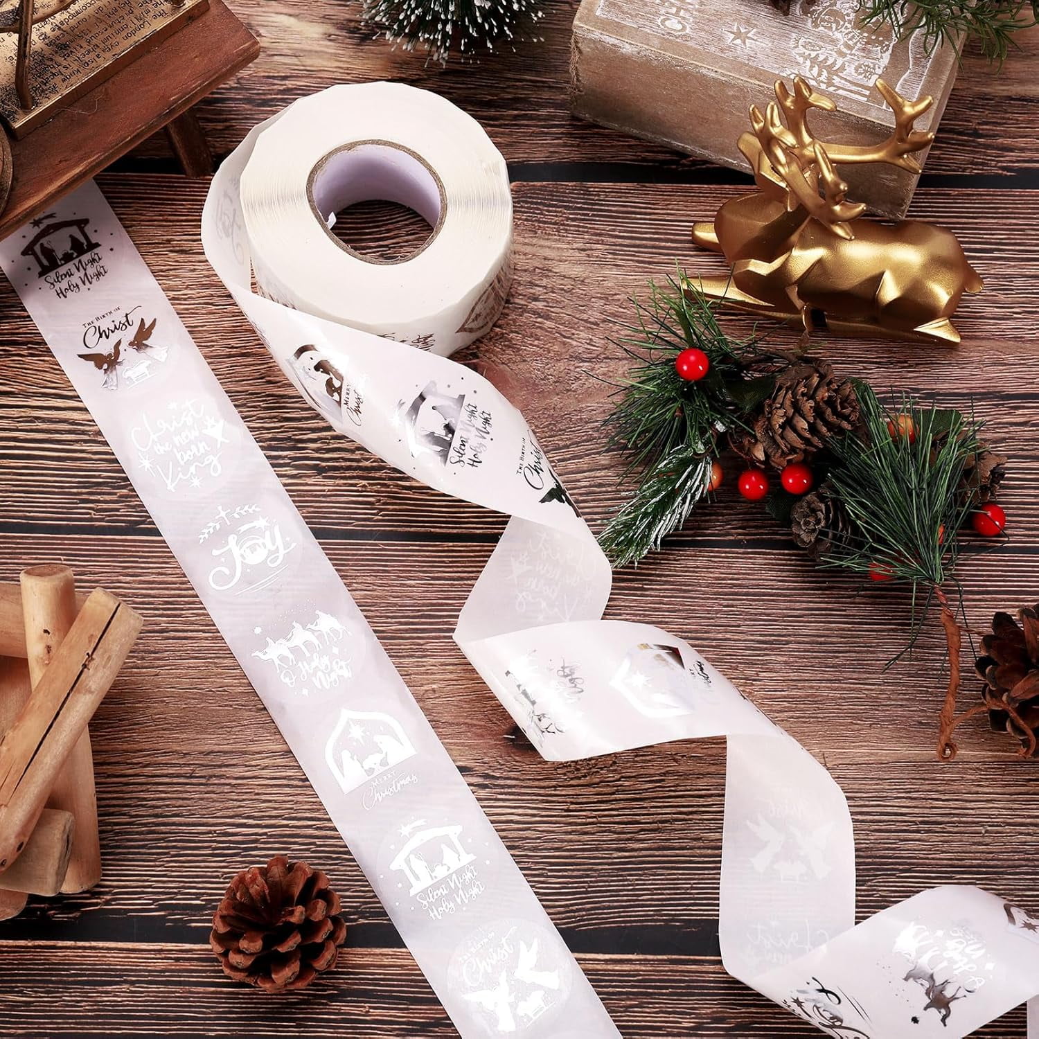 1000Pcs Clear Christmas Stickers Roll Silver Foil Nativity Scene Stickers Xmas Winter Holiday Self Adhesive Label Decals for Envelope Invitation Card Gift Decor, 6 Designs